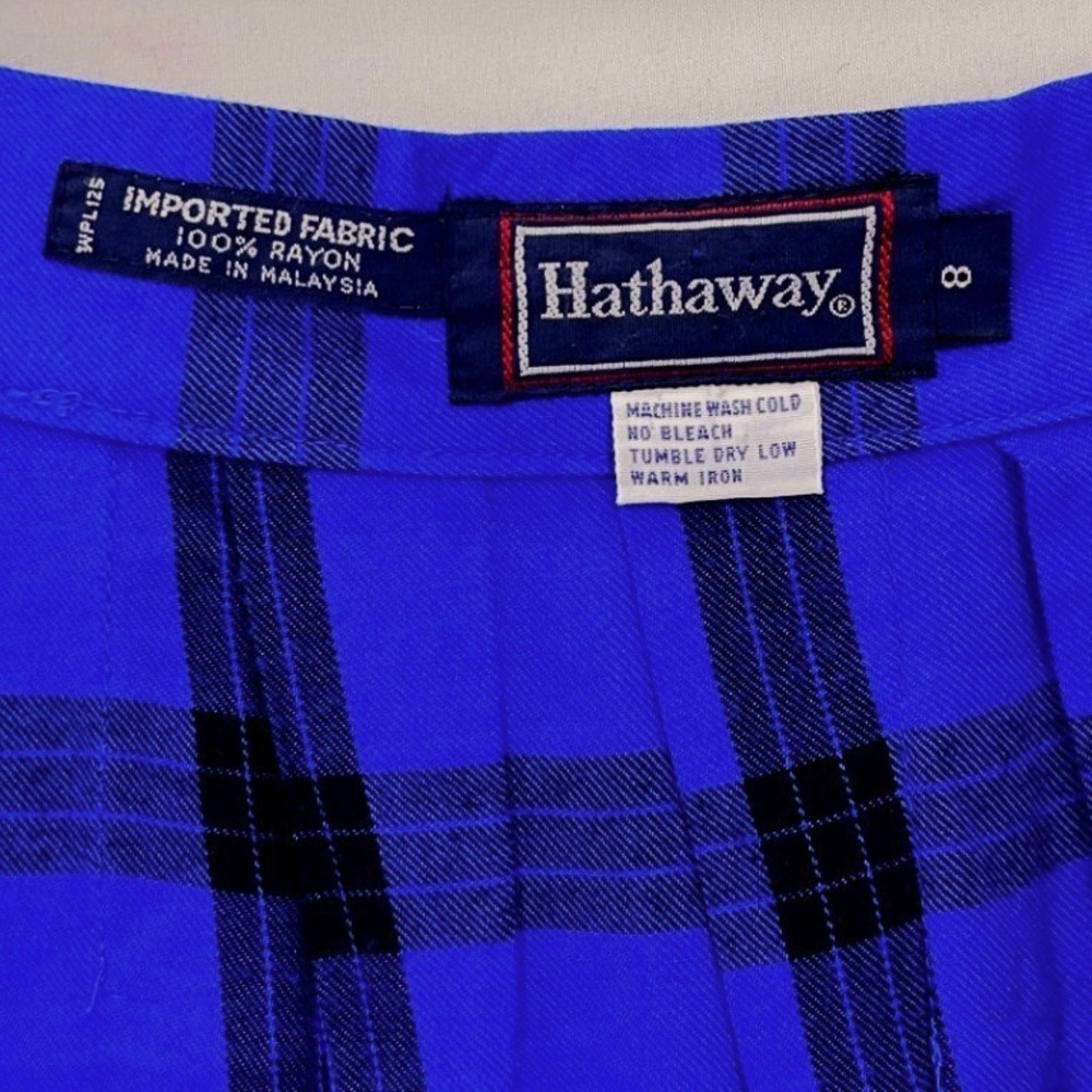 Hathaway 90s Blue Plaid Pleated Midi Skirt 8 Vintage Side Pocket - Picture 5 of 7